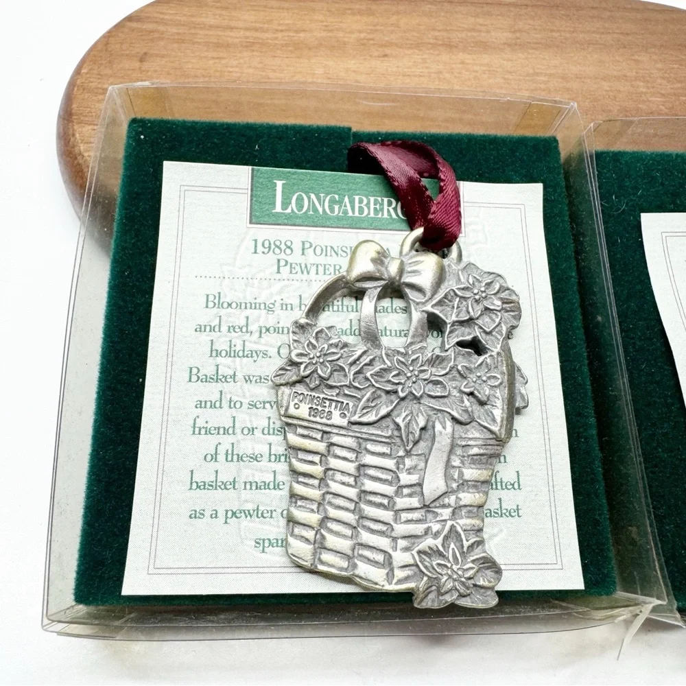 Vintage 90s Longaberger Pewter Mistletoe Poinsettia Ornaments